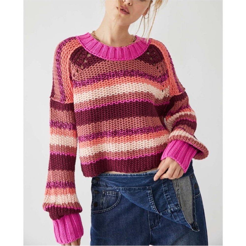 Free People Devon Sweater- XS Fuchsia/Rose Combo